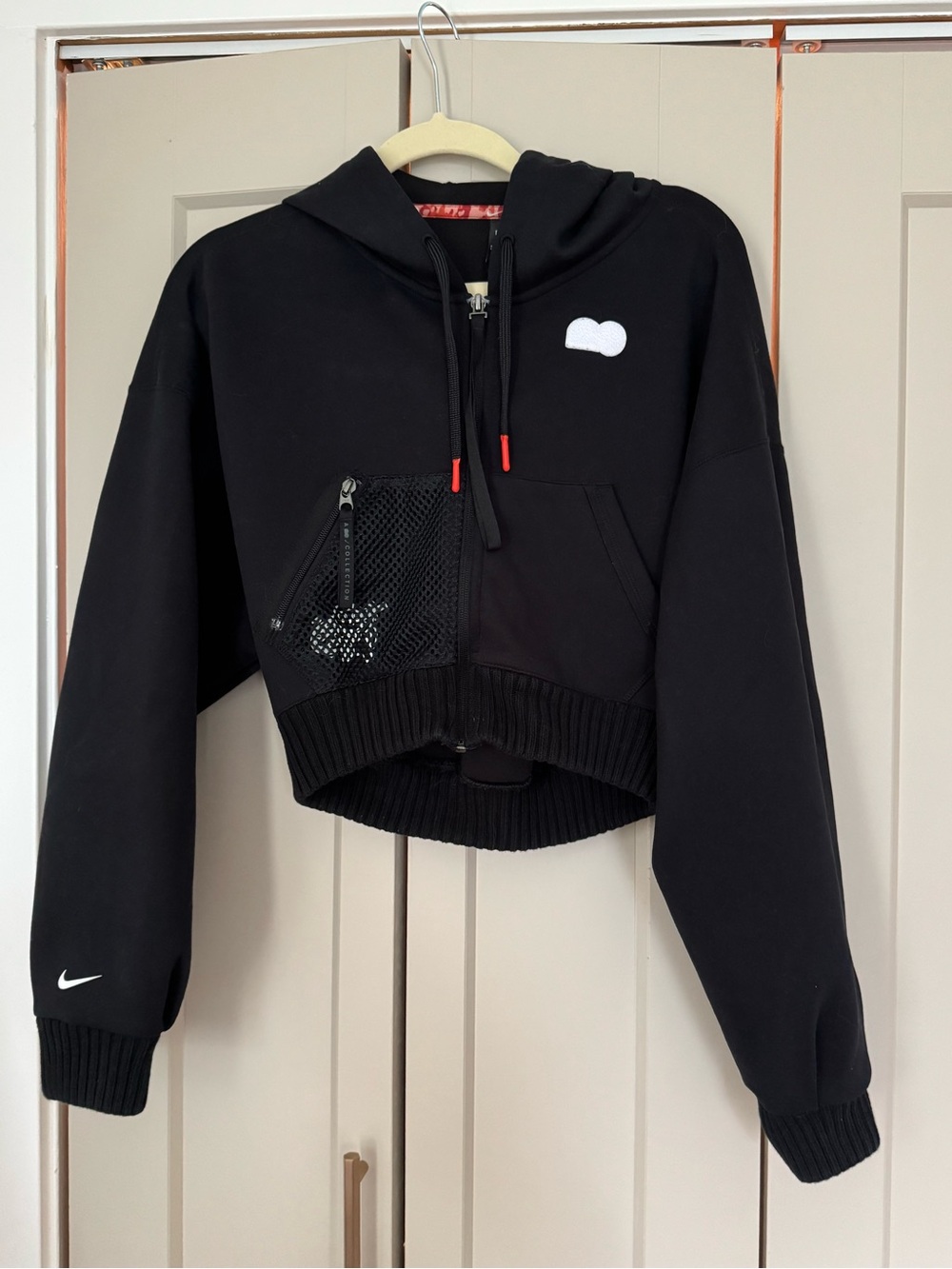 Nike Black Cropped Zip Hoodie with Red-Accent Drawstrings